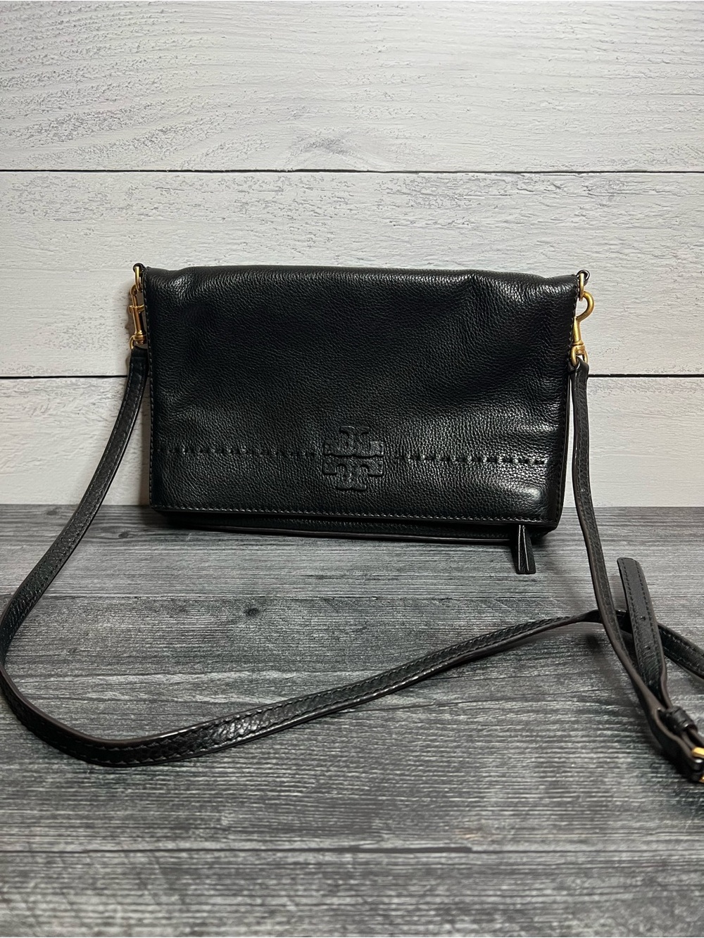 Tory Burch Black Leather Crossbody with Gold Hardware